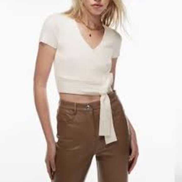 Wilfred Tops - Aritzia Wilfred All Tied Up Sweater White Extra Small Ribbed Cropped